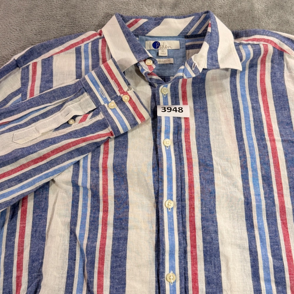 Boden Button Down Shirt Womens XL Blue Red Striped Linen Cotton Regular Fit